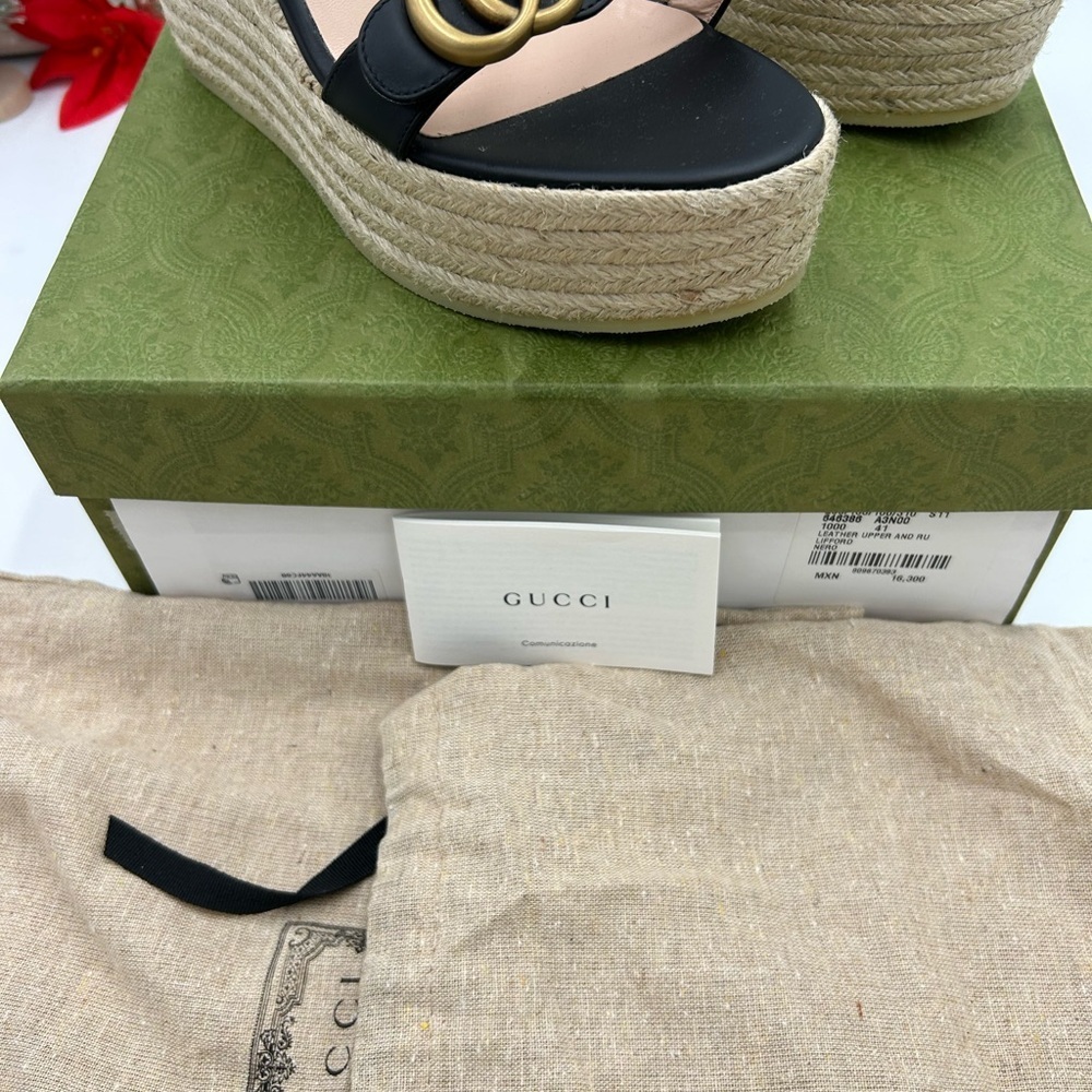 Gucci women's Black GG leather Wedge espadrille Sandals size 41 fits 10 US - Picture 7 of 10